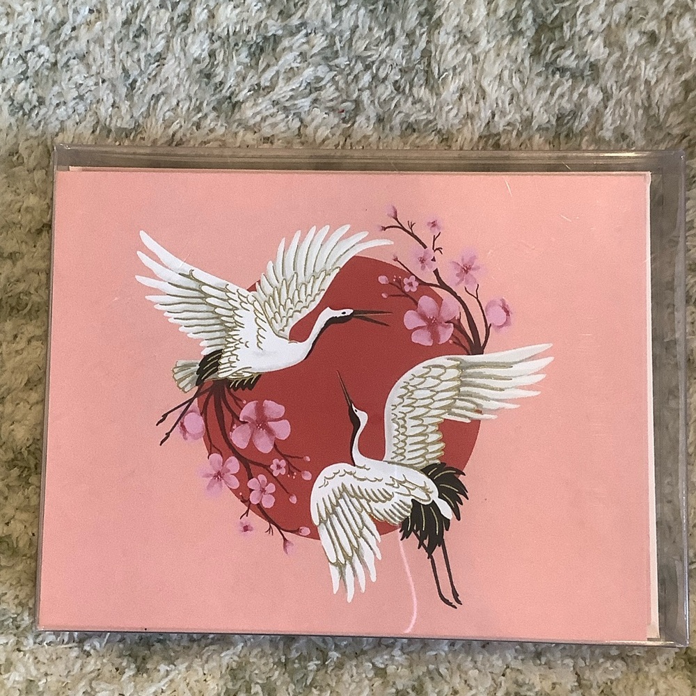 White Crane Red Moon Floral Boxed Note Cards Paper Source NWT set of 10
